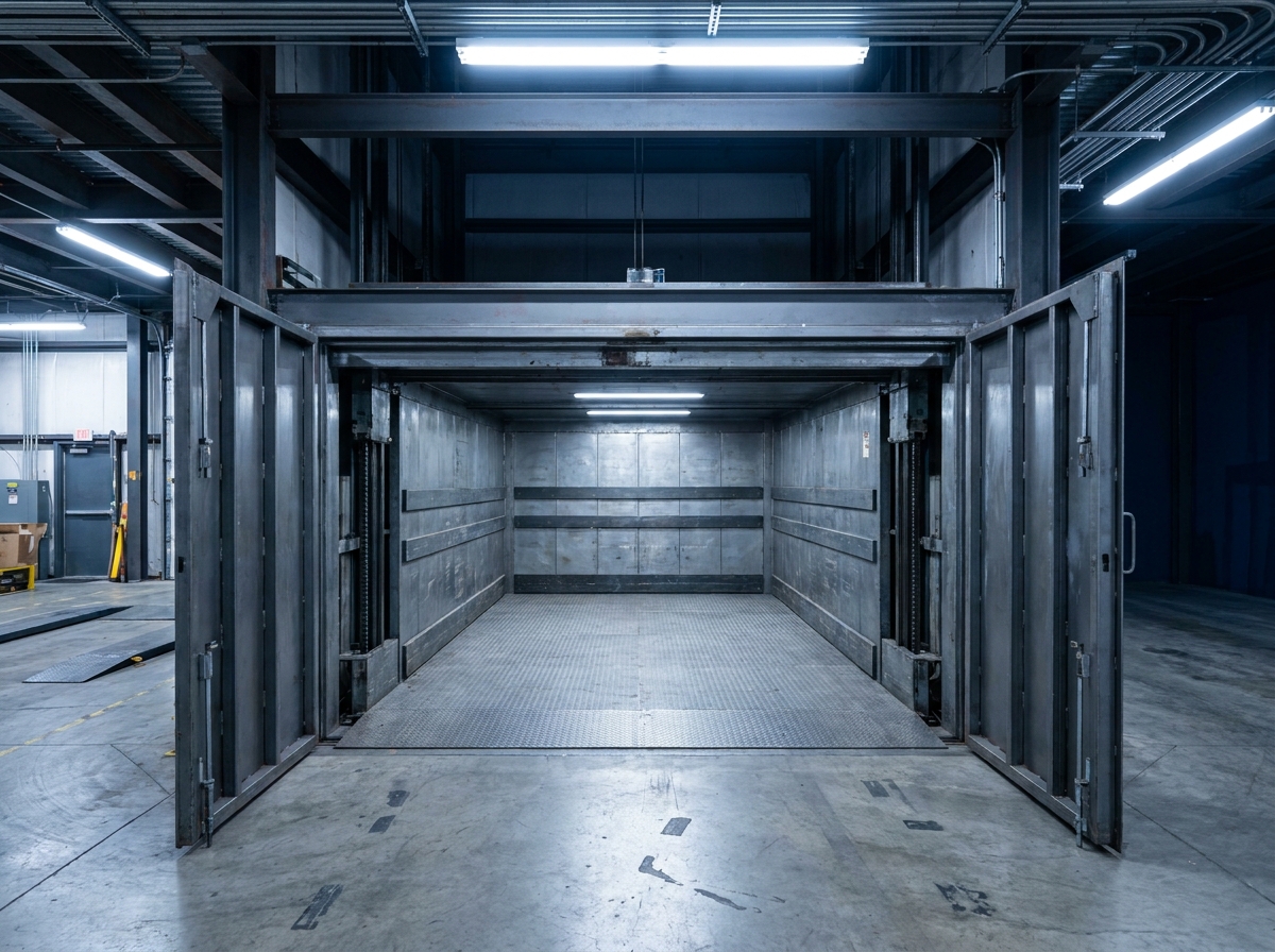 Heavy-duty industrial freight elevator with reinforced steel walls and diamond-plate floor